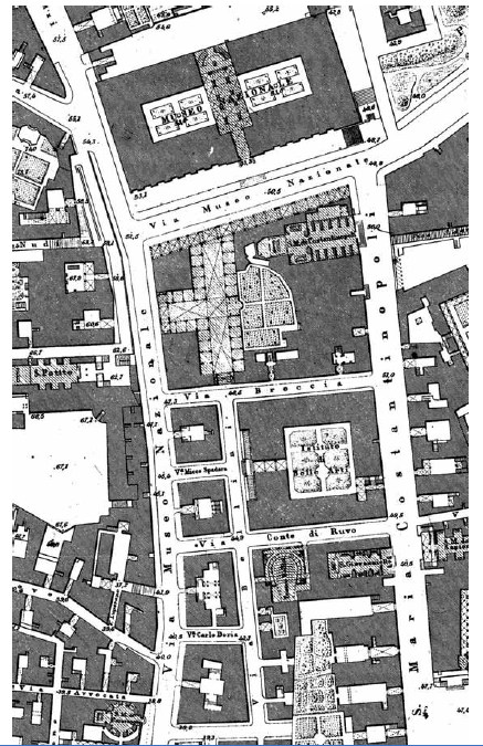 Fig. 1 – F. Schiavoni e altri, Pianta del Comune di Napoli, 1872-80, dettaglio dell’area intorno al Museo Nazionale.